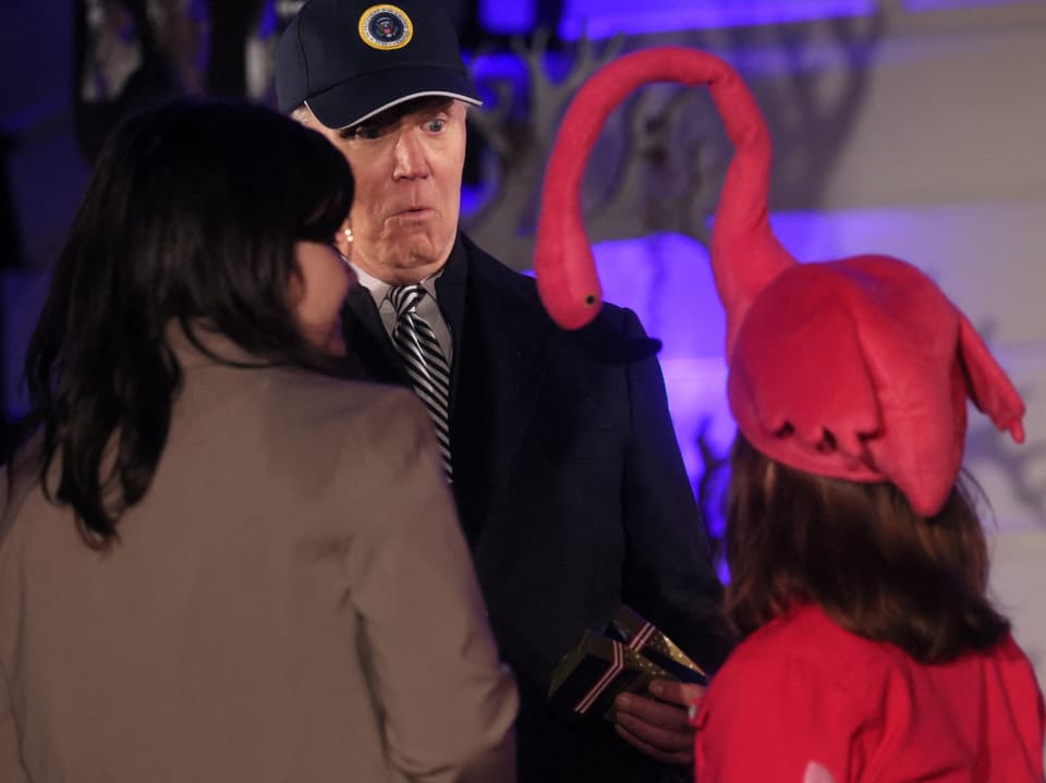 Zwei Personen stehen mit dem Rücken zur Kamera in Halloweenkostümen vor dem US-Präsident.