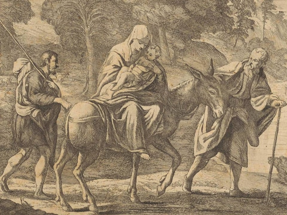 Ein Bild von Josef und Maria. Maria sitzt mit ihrem Baby auf einem Esel.