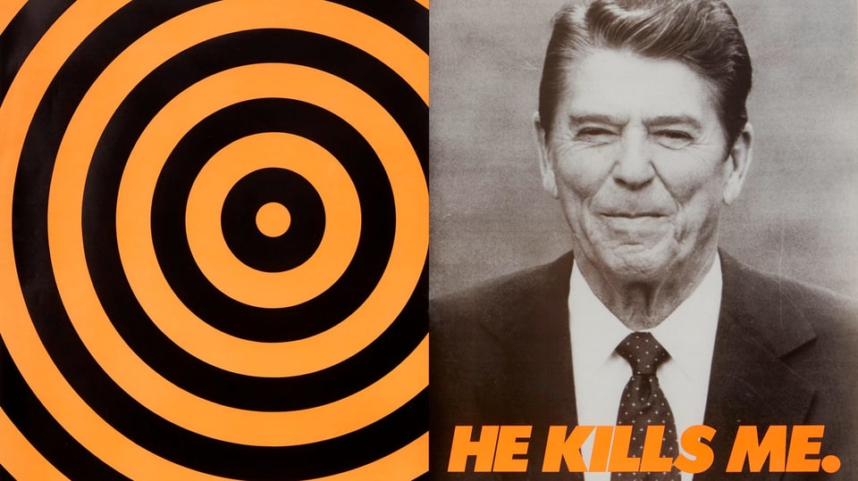 Spirale und Foto von Ronald Reagan. Darunter steht "He kills me"