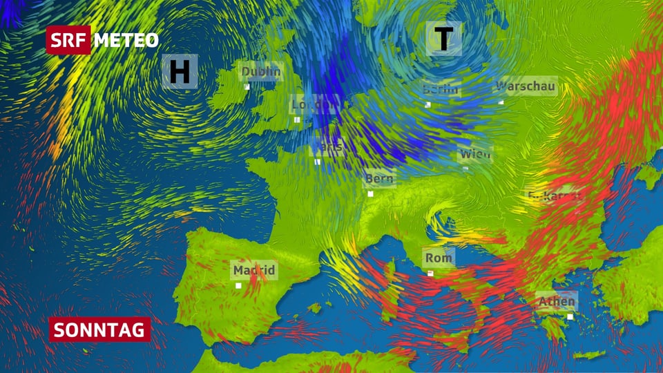 Ein Schnappschuss einer Strömungsanimation. Angedeutet mit blauen Pfeilen fliesst kalte Luft von Nordeuropa her in die Schweiz.