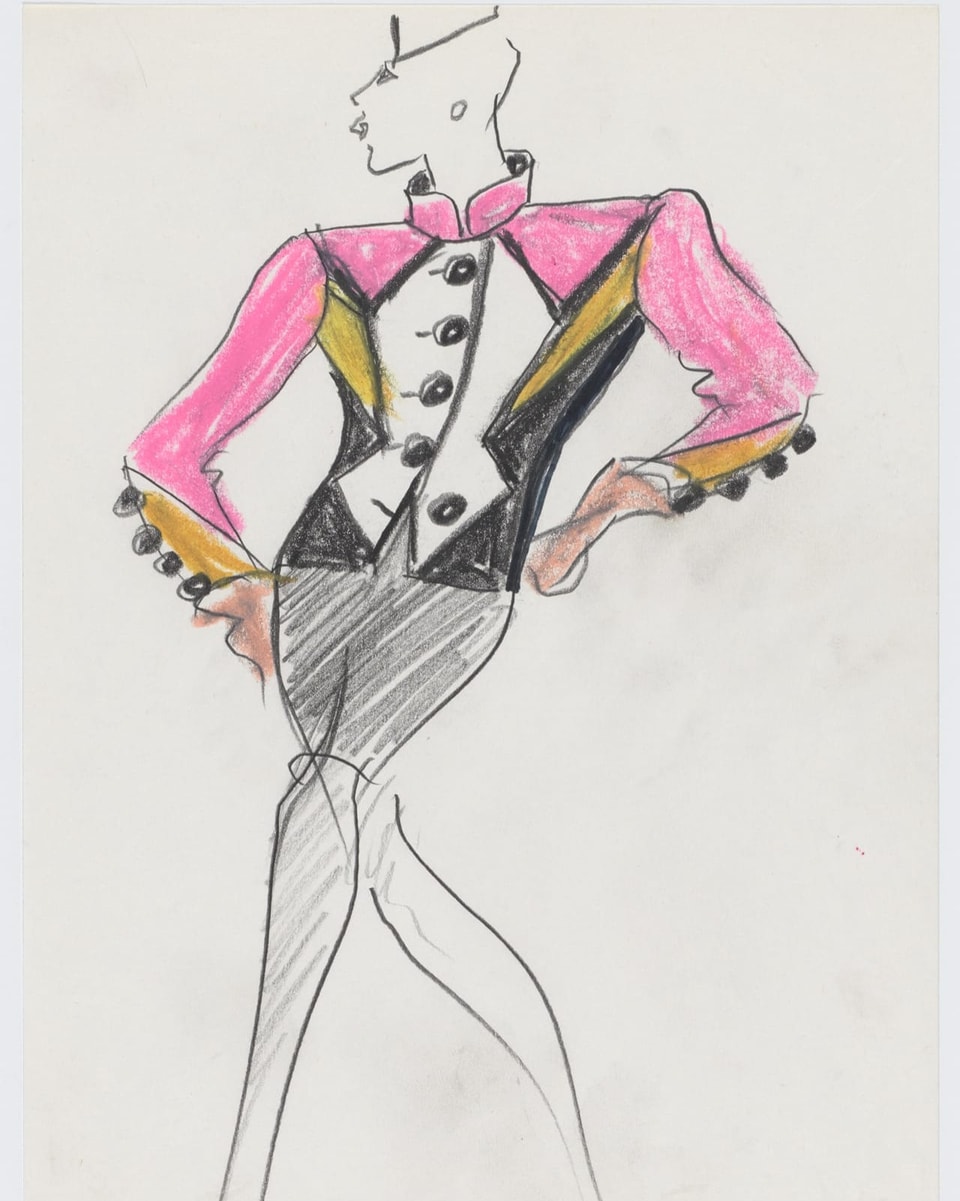 Sketch in black pen of a blazer with skirt, blazer at the top and arms pink, colored in yellow on the side.