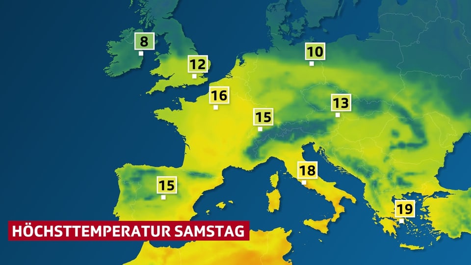 Die Temperaurverteilung in Europa, in flächiger Darstellung,  für Samstag. In West- und Südeuropa herrschen verbreiten mehr als 15 Grad. 