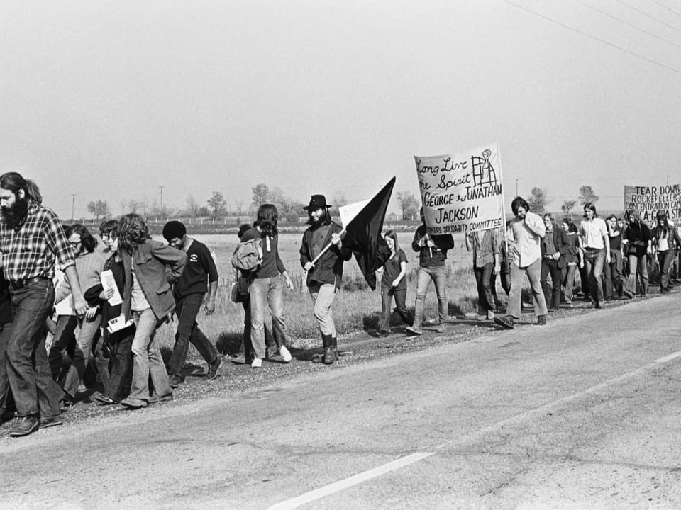Eine Gruppe von Menschen demonstriert auf einer Strasse, einige tragen Schilder und Fahnen