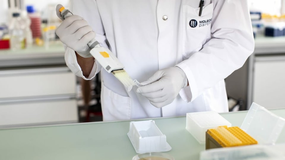 Ein Mann in weissem Kittel mit einer Pinzette und Schalen im Labor.