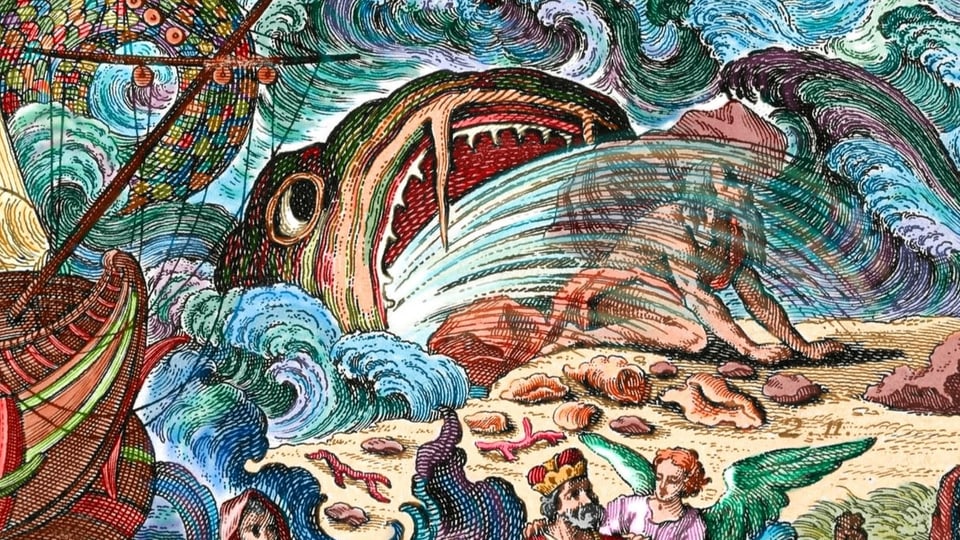 Zeichnung eines grossen Walfisches, aus dessen übergrossem Mund ein Mensch heraussteigt.