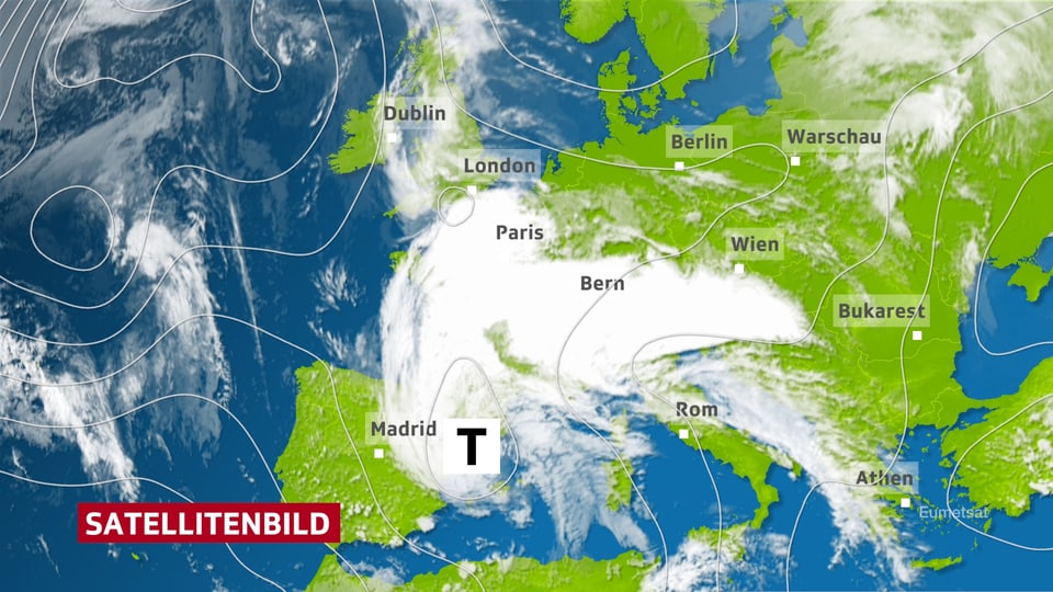 Das Satellitenbild von Donnerstag zeigt ein ausgeprägtes Tiefdruckgebiet zwischen dem Spanischen Festland und den Balearen. Das Tief lenkt Wolken nicht nur zur Schweiz, die südliche Hälfte von Mitteleuropa wird abgedeckt.