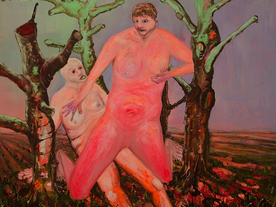 Malerei: Zwei nackte Menschen in einer kargen Landschaft.