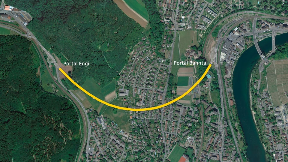 Luftaufnahme mit eingezeichnetem Tunnelverlauf