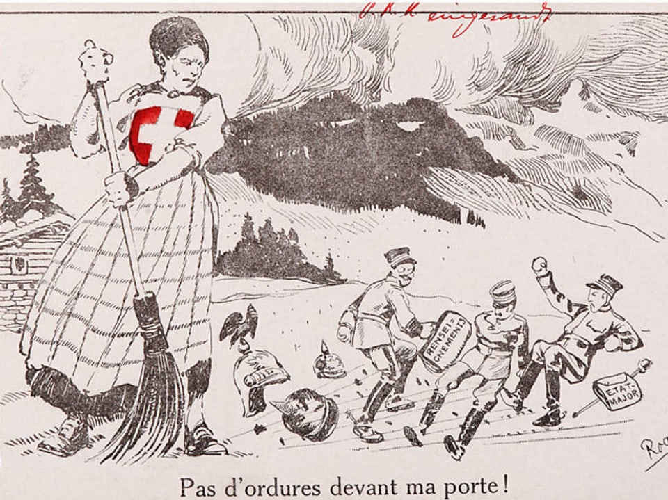 Auf dem Bild fegt eine Frau mit einem grossen Besen kleiner gezeichnete Soldaten von einem Feld.
