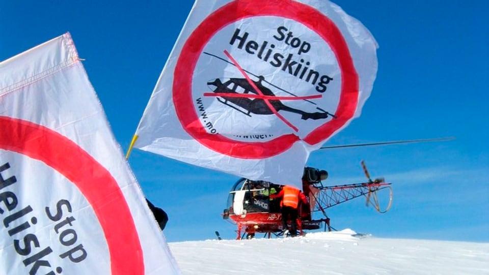Flaggen «Stop Heliskiing» vor Helikopter.