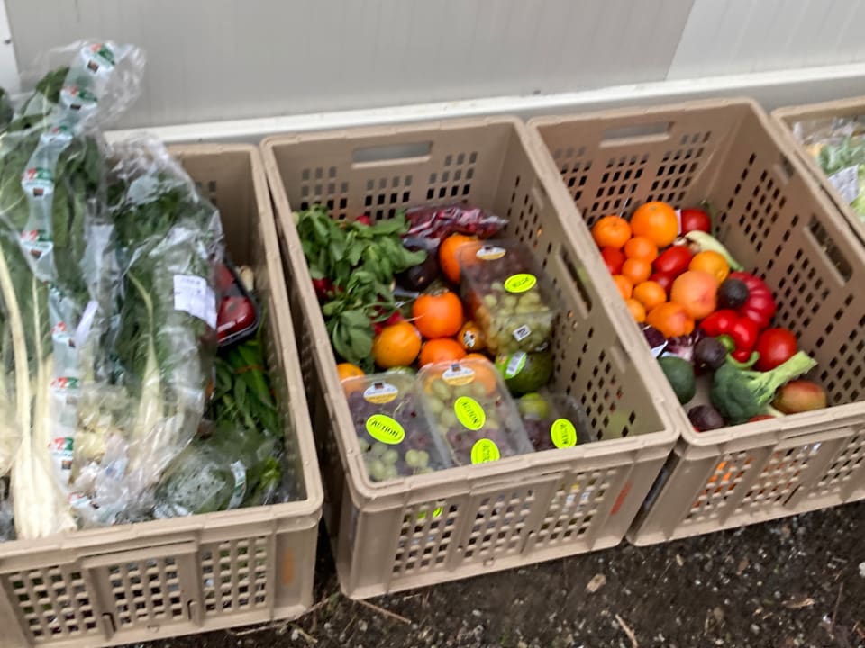 Drei Kisten mit frischem Obst und Gemüse.