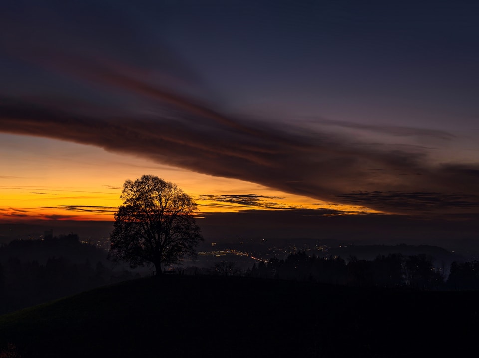 Der Himmel glüht in warmen Farben. Die hohen Wolkenfelder werden noch schwach angestrahlt. Im Vordergrund steht ein laubfreier Baum auf einer Hügelkuppe. Im Hintergrund sind die Lichter der Stadt Bern zu sehen.
