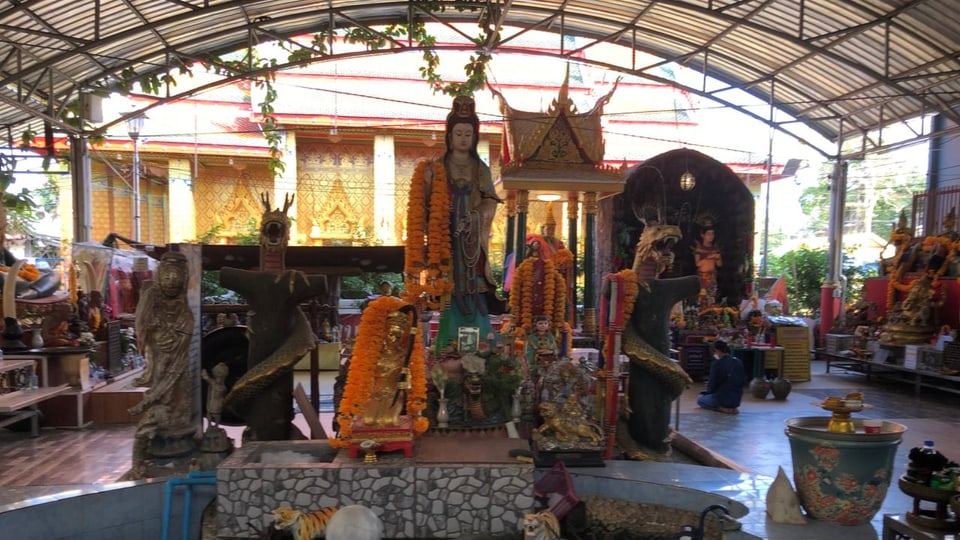 Viele Götterfiguren und Wesen stehen im Tempel.