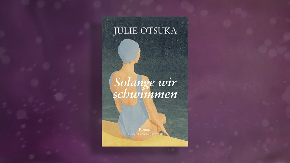 Book cover with an illustration of a swimmer in a swimsuit and swimming cap, sitting on the edge of the pool