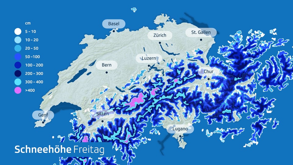 Karte mit aktuellen Schneehöhen, die teilweise noch bis 4 m betragen