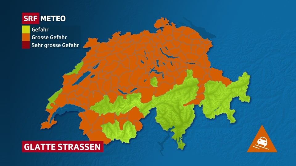 Eine Schweizer Karte zeigt Regionen mit einer laufenden Glättewarnung.