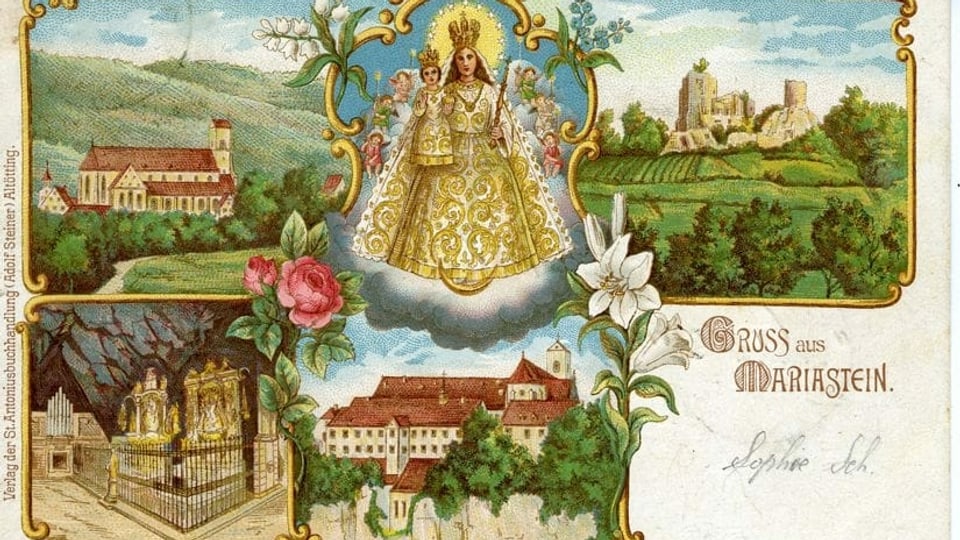 Farbige Postkarte vom Kloster Mariastein mit gezeichneten Bildern