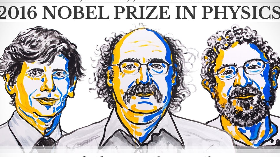 Illustrierte Gesichter der Die Preisträger (v.l.n.r.): David Thouless, Duncan Haldane und John Kosterlitz.