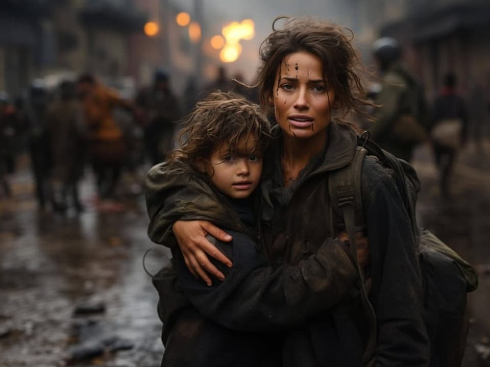 KI-generiertes Bild: Verängstigte Mutter und Sohn stehen in einer Strasse einer verwüsteten Stadt