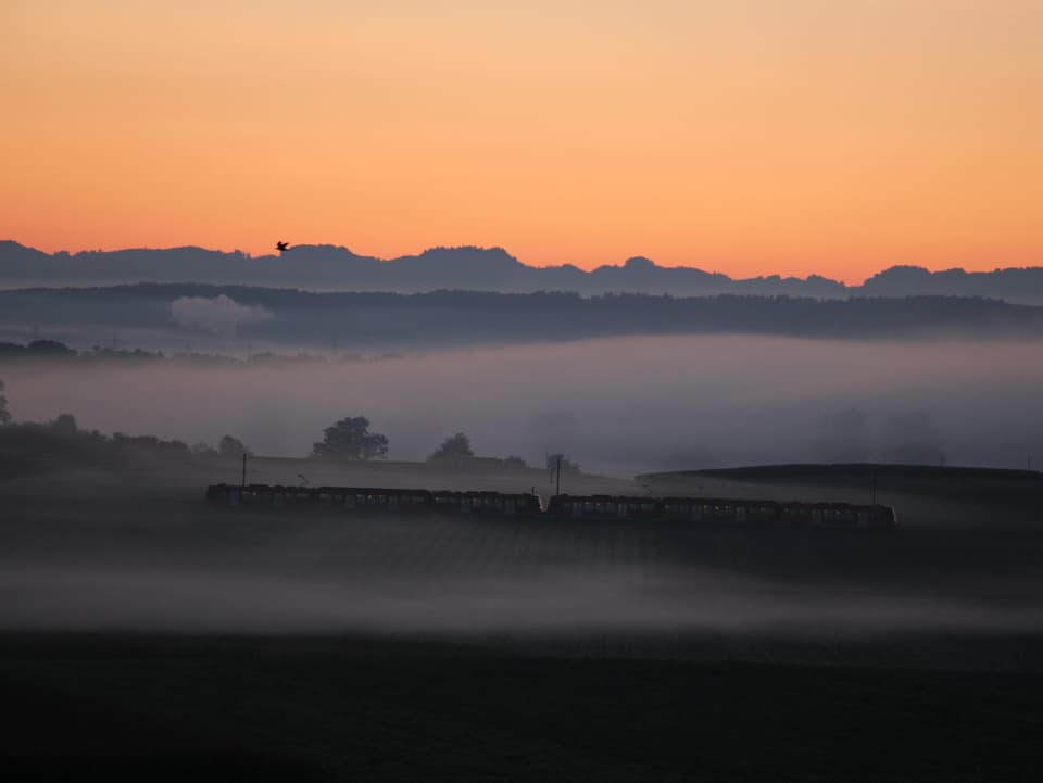 Landschaft mit Nebefelder, im Hintergrund oranger Himmel. Mitten in den Nebelschwaden ist ein Zug erkennbar.
