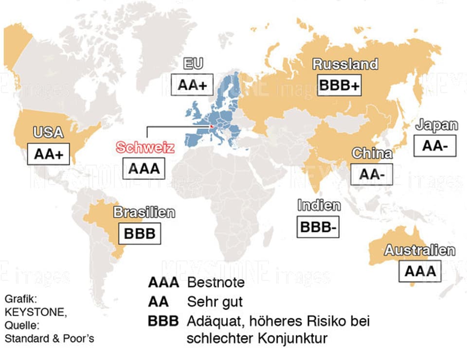 Eine Länderkarte von Standard and Poors mit Ratings der jeweiligen Staaten. 