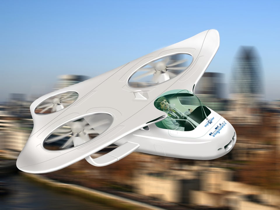 Aussenansicht eines fliegenden Autos.