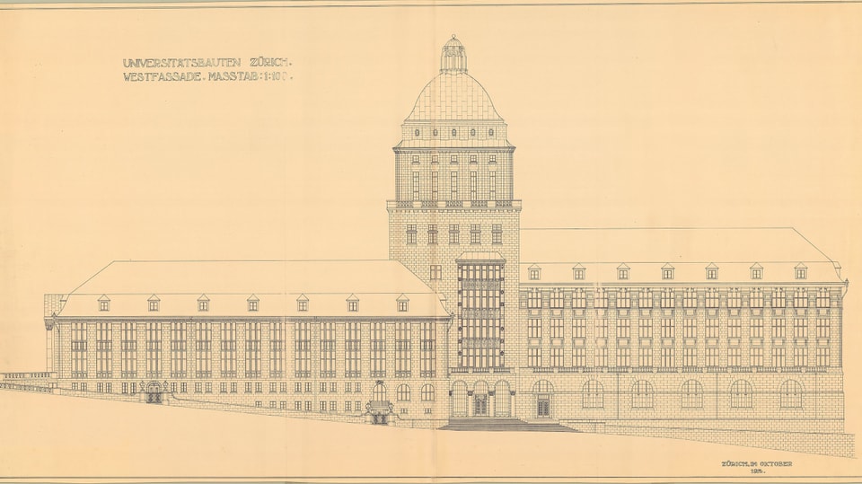 Plan der Uni Zürich, Zeichnung des Architektes Karl Moser