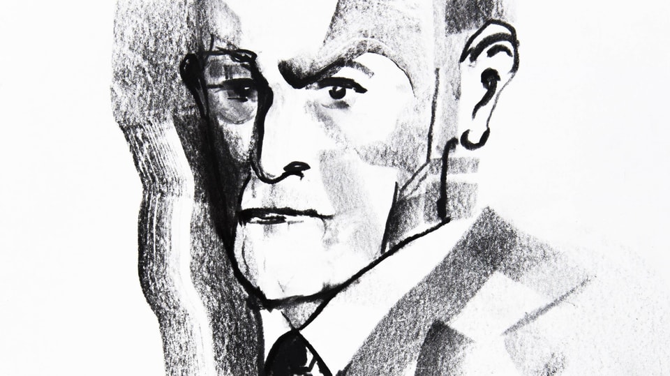 Sigmund Freud Zeichnung in Schwarz Weiss.