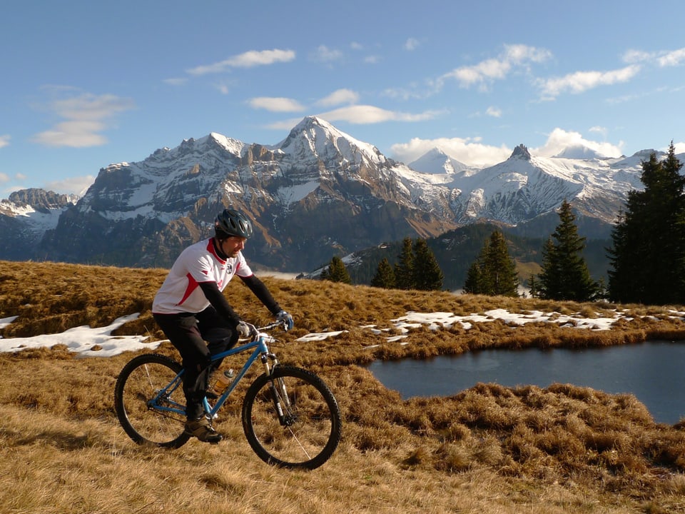 Ein Mountainbiker vor einer Bergkulisse.