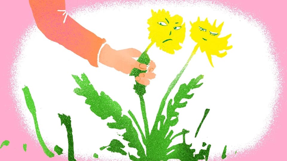 Illustration: Hand reisst eine Blume ab, Blume schaut hässig