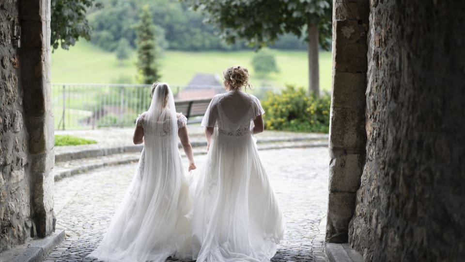 Zwei Bräute im Hochzeitskleid. Sie schauen auf eine Wiese.