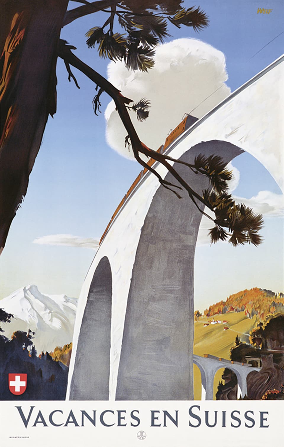 Plakat: Ein Zug fährt über ein Eisenbahnviadukt, im Hintergrund Berglandschaft. 