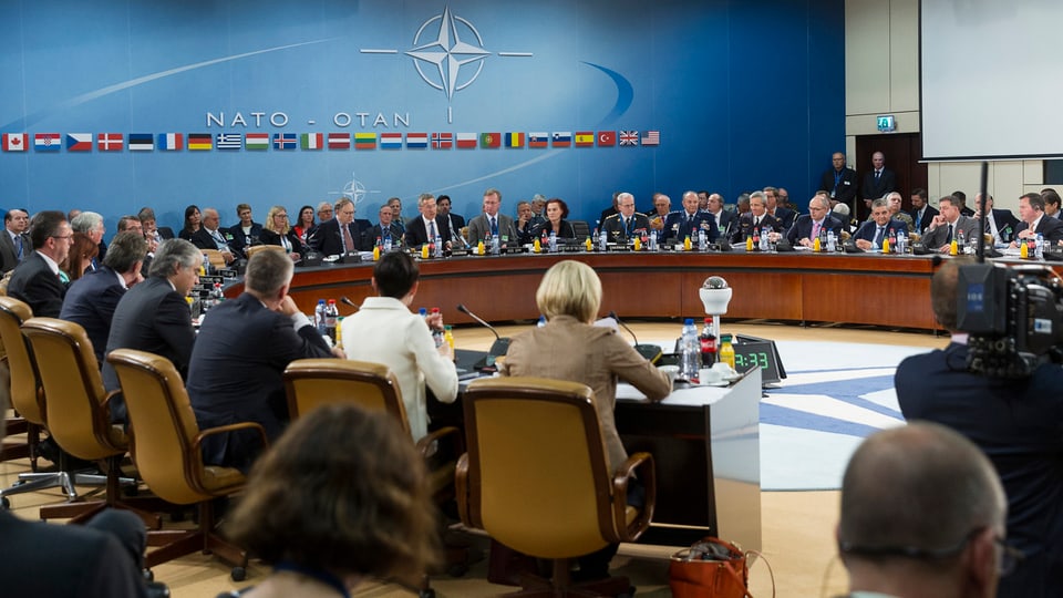 Die Teilnehmer des Nato-Verteidigungsministertreffen zu Beginn der Konferenz. 