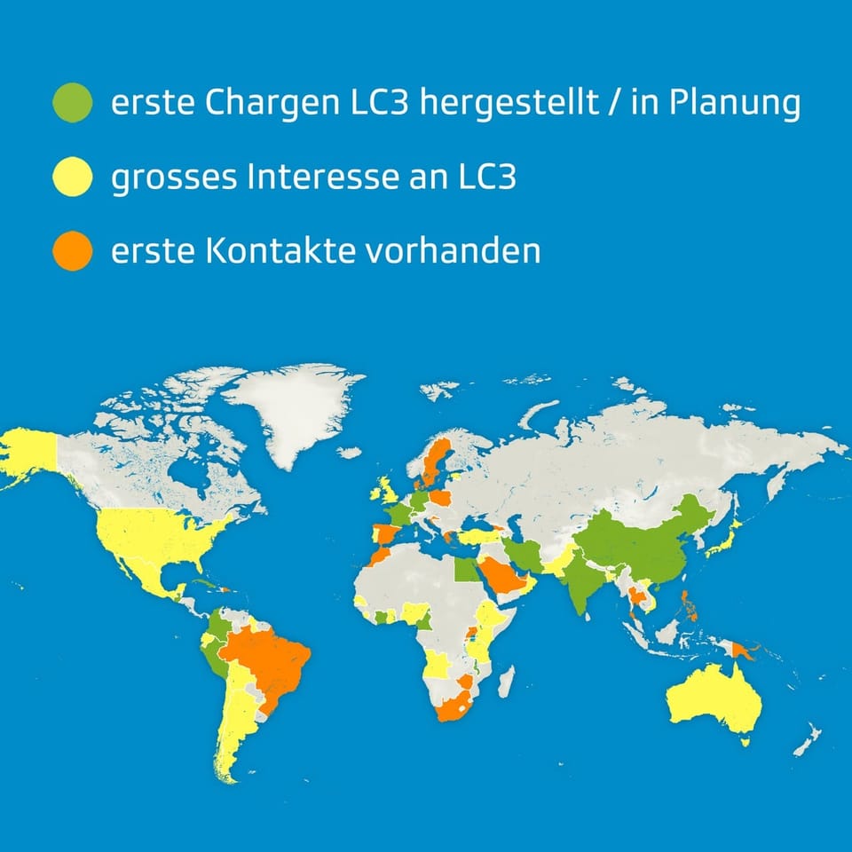 eine Weltkarte mit der Info, wo auf der Welt erste Chargen von LC3 hergestellt wurde