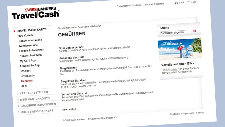 Printscreen der Internetseite von Travel Cash.
