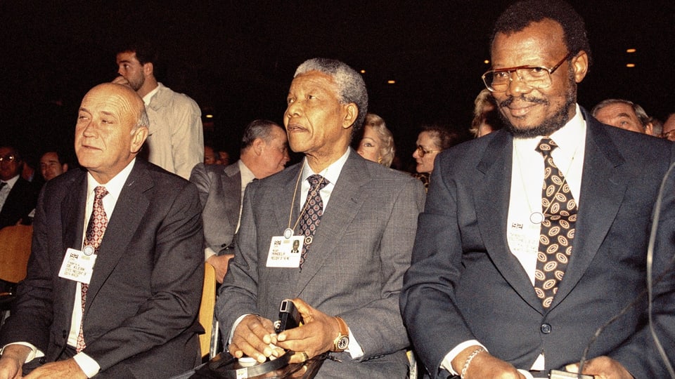 rederik Willem de Klerk, Nelson Mandela und Mangosuthu Buthelezi am WEF 1994 in Davos.