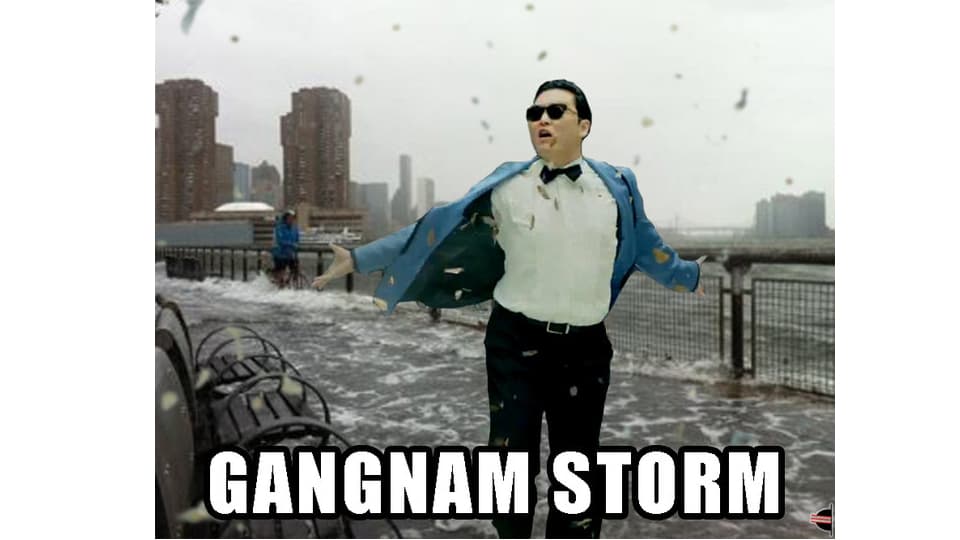Der koreanische Künstler Psy tanzt in einer Bildmontage mitten im Hurrikan Sandy.