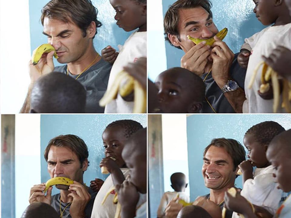 Auf vier Bildern ist Roger Federer mit einem Kind und einer Banane zu sehen. Er scherzt mit der Banane rum und Lacht. 