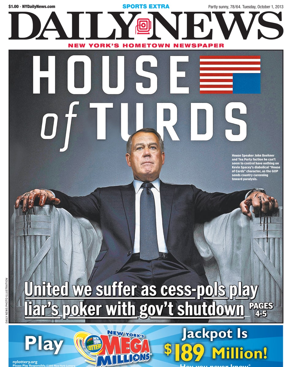 «House of Cards» Zitat mit John Boehner auf der Frontseite von «Daily News», 1. Oktober 2013.