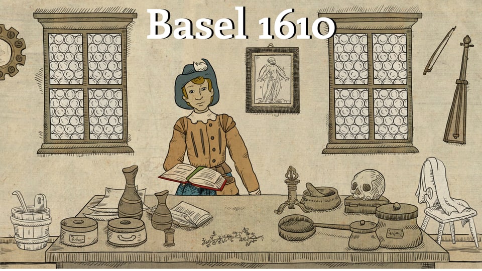 Screemnshot: Junge steht vor einem Tisch mit historischen Chemielaborutensilien. Er hat ein Buch in der Hand. Grosser Titel: Basel 1610