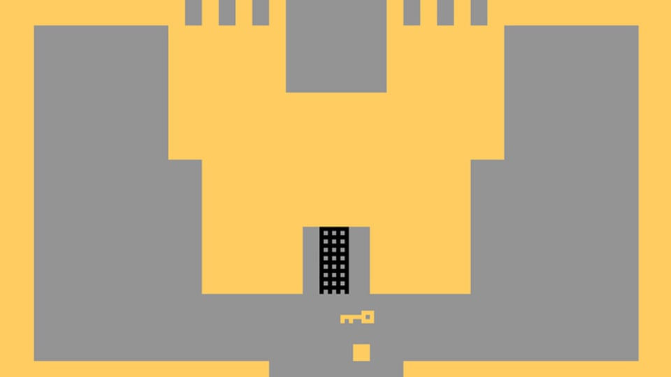 Schlichte Computergrafik: Ein gelbes Schloss vor grauem Hintergrund.