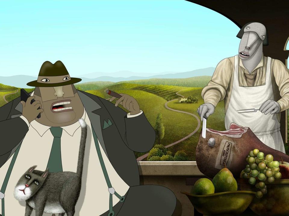 Szene aus einem Animationsfilm mit zwei abstrakt gezeichneten Figuren.