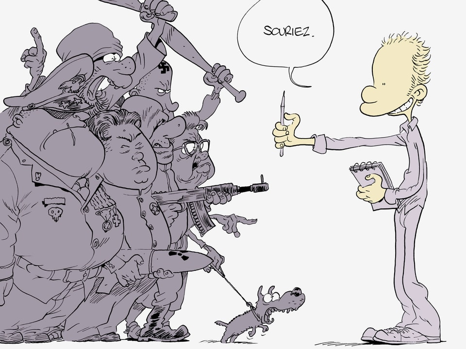 Cartoon: Zeichner mit Stift und Papier steht vor einer bewaffneten Horde und bittet sie zu lächeln.