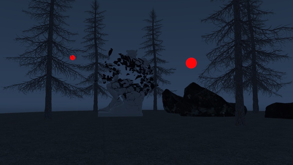 Computeranimierte Darstellung einer Landschaft in der Nacht und zwei roten Monden am Himmel. 