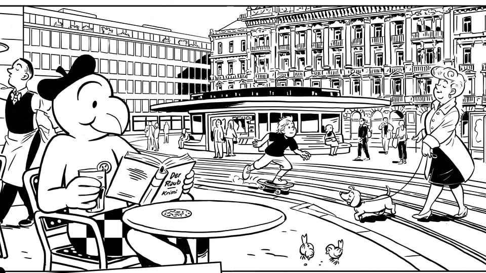 Eine Zeichnung aus dem neusten Globi-Band, wie Globi ein Buch am Paradeplatz liest