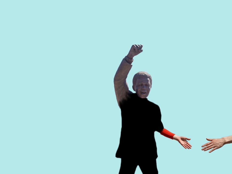 Figur mit Kopf von Nelson Mandela und hilfsbereit ausgestreckter Hand.