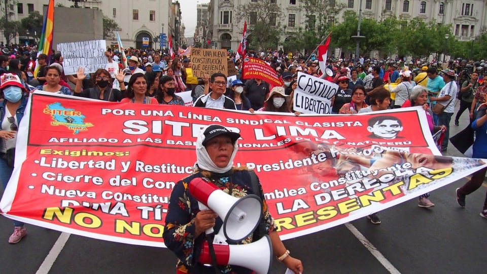 Protest in Lima: Menschen gehen mit Plakanten auf die Strasse.