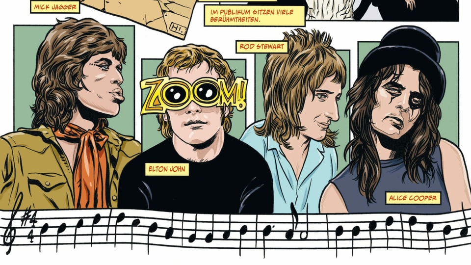 Eine Seite aus einem Comic mit mehreren Pop-Künstlern abgebildet