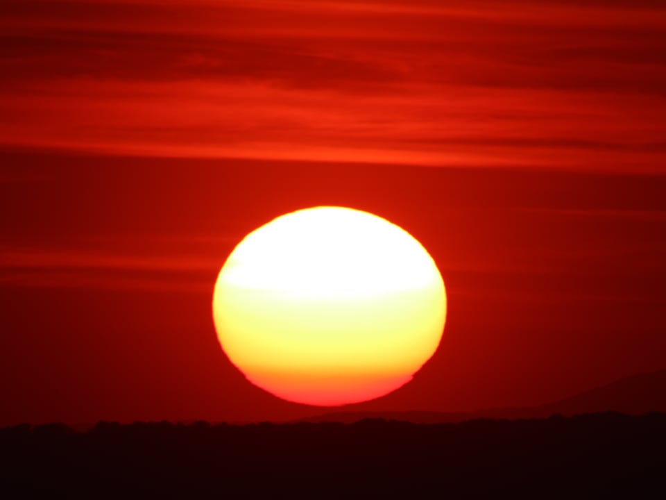 Sonnenuntergang über dem Elsass. Nach einem sommerlichen Frühlingstag ging die Sonne als wunderbare, rote Kugel unter den Horizont
