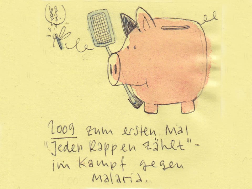 Zu sehen ist ein gezeichnetes Sparschwein, das mit einer Fliegenklatsche Jagd auf eine Malaria übertragende Tsetse-Fliege macht.